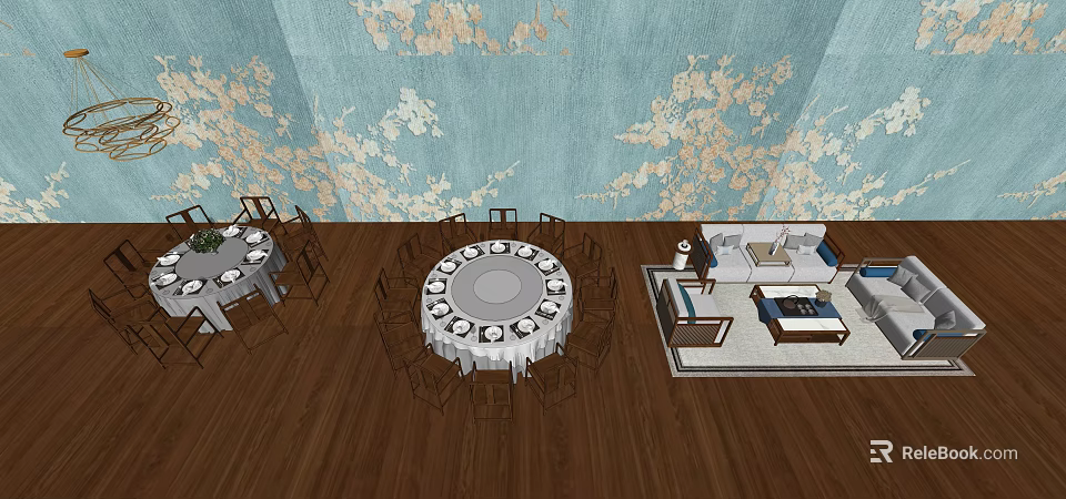 Elegant Round Dining Table Set with Chairs and Floral Patterned Wall in Dining Area 3d model 