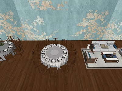 Elegant Round Dining Table Set with Chairs and Floral Patterned Wall in Dining Area 3d model