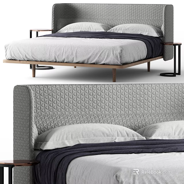 Modern Upholstered Double Bed with Quilted Gray Headboard White Pillows and Wooden Legs 3d model 
