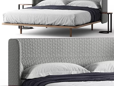 Modern Upholstered Double Bed with Quilted Gray Headboard White Pillows and Wooden Legs 3d model