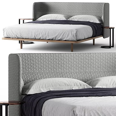 Modern Upholstered Double Bed with Quilted Gray Headboard White Pillows and Wooden Legs 3d model