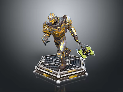 Humanoid Warrior Character in Gold and Silver Armor Holding Weapon Standing on Hexagonal Platform 3d model