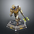 Humanoid Warrior Character in Gold and Silver Armor Holding Weapon Standing on Hexagonal Platform 3d model