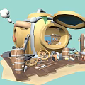 Cartoon Scene with Yellow Structure Window Humanoid Character Wooden Barrels Gears Tools on Wooden Platform