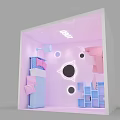Pink And Blue Themed Photo Spot With Geometric Holes Chair And Bookshelf