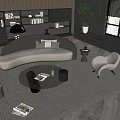 Modern Living Room With Curved Gray Sofa And Glass Coffee Table Set On Woven Rug