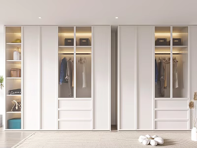 Modern White Wardrobe Interior With Sliding Glass Doors And Hanging Clothes Design 3d model