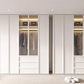 Modern White Wardrobe Interior With Sliding Glass Doors And Hanging Clothes Design