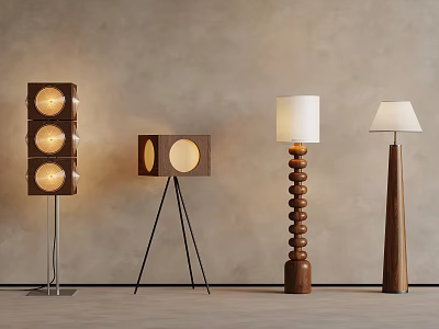 Modern Floor Lamps With Tripod Stacked Bases Wooden Metal And White Shades Design 3d model