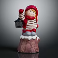 Christmas Decorative Doll With Red Hat Striped Scarf Holding Lantern On Snowy Tree Stump