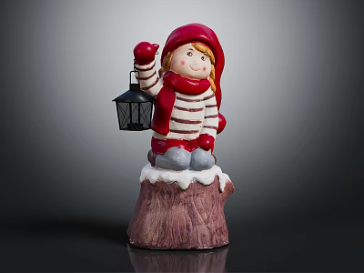 Christmas Decorative Doll With Red Hat Striped Scarf Holding Lantern On Snowy Tree Stump 3d model