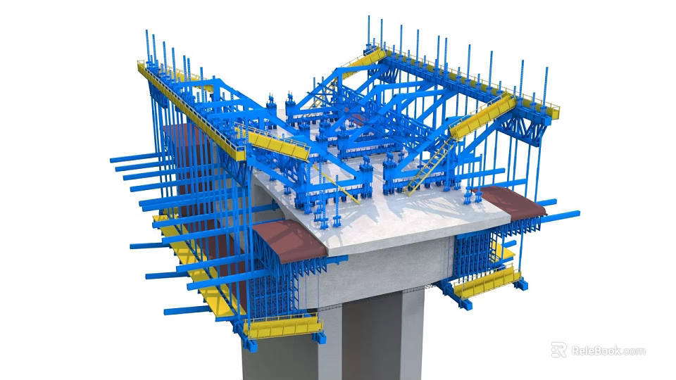 Bridge Construction Structural Framework With Blue Steel Frames Yellow Supports And Concrete Pier 3d model