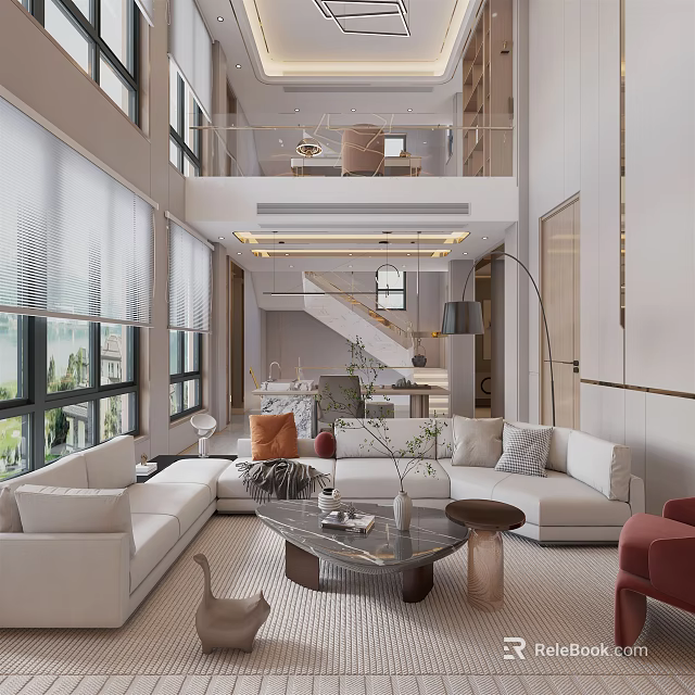 Modern Duplex Living Room Spacious Interior With Large Windows Staircase And Comfortable Sofa Coffee Table 3d model