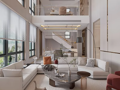 Modern Duplex Living Room Spacious Interior With Large Windows Staircase And Comfortable Sofa Coffee Table 3d model