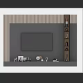 Modern TV Background Wall Design With Gray Panels Wooden Grille Decorative Shelf And Ornaments