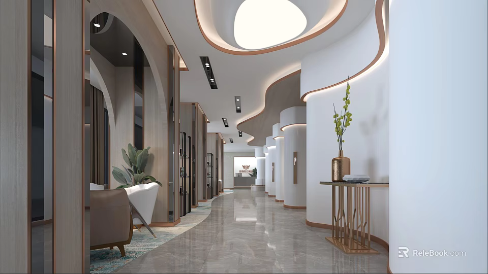 Modern Luxury Beauty Salon Interior With Marble Floor Corridor Plants And Stylish Lighting 3d model 