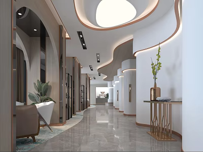 Modern Luxury Beauty Salon Interior With Marble Floor Corridor Plants And Stylish Lighting 3d model