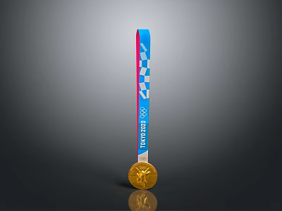 Stylish Blue Red Checker Pattern Medal Ribbon Clothing Accessory With Gold Medal 3d model