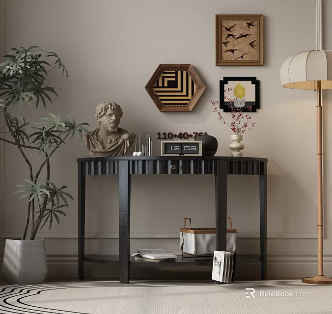 Black Console Table In Modern Interior With Sculpture Clock Vase Wall Art And Green Plant 3d model 