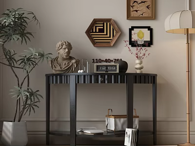 Black Console Table In Modern Interior With Sculpture Clock Vase Wall Art And Green Plant 3d model