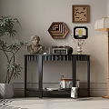 Black Console Table In Modern Interior With Sculpture Clock Vase Wall Art And Green Plant