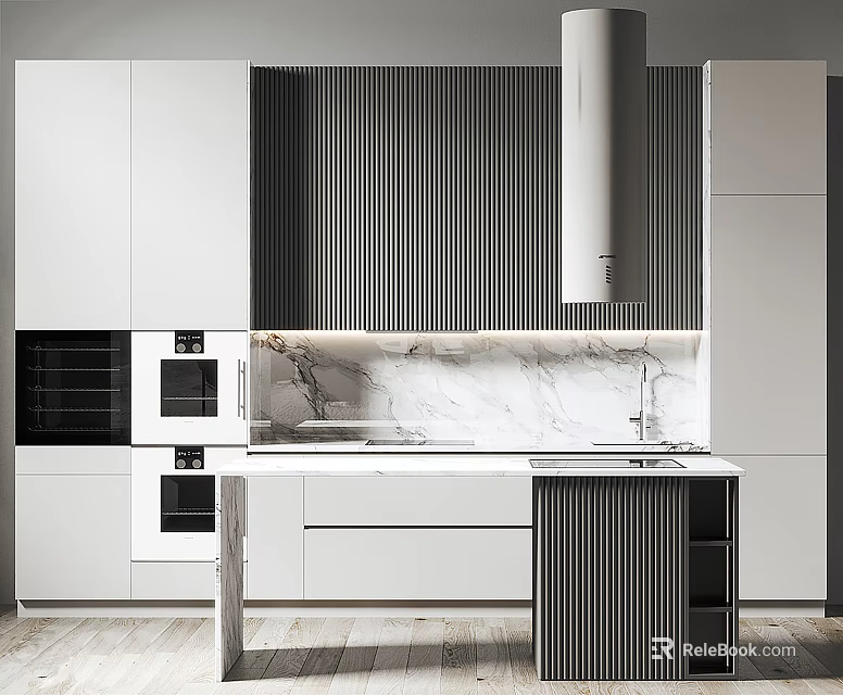 Sleek Modern Kitchen Cabinets With White And Dark Finishes Marble Countertop And Island 3d model 