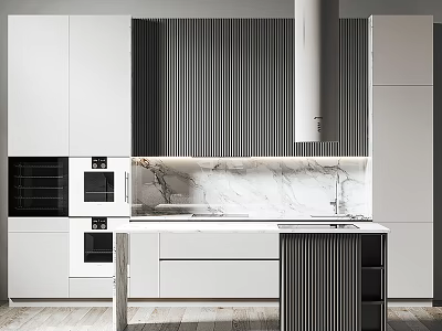 Sleek Modern Kitchen Cabinets With White And Dark Finishes Marble Countertop And Island 3d model