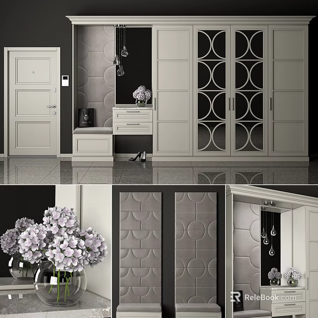 Modern Elegant Shoe Cabinet Interior Design With Circular Patterns Door Bench And Vase Flowers 3d model 