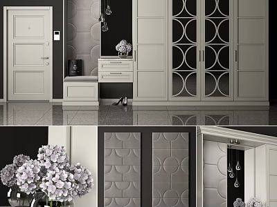 Modern Elegant Shoe Cabinet Interior Design With Circular Patterns Door Bench And Vase Flowers 3d model