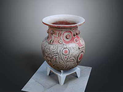 Red and White Decorative Pot Featuring Intricate Patterns on White Stand 3d model