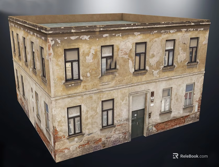 Old Two Story Building Exterior Peeling Paint Walls Old Style Windows Green Door Red Brick 3d model 