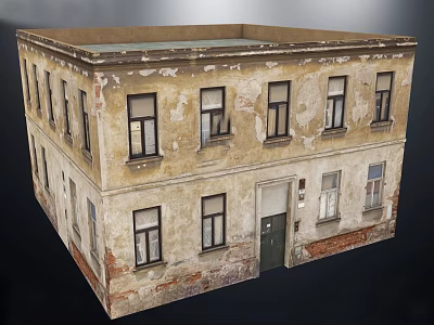 Old Two Story Building Exterior Peeling Paint Walls Old Style Windows Green Door Red Brick 3d model