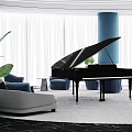 Modern Sales Office Interior Featuring Black Grand Piano Blue Columns And Green Plants