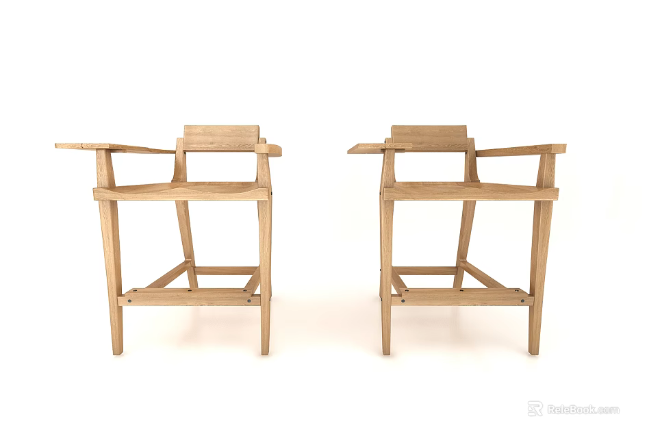 Two Wooden Bar Stools With Armrests And Simple Frame Design 3d model 
