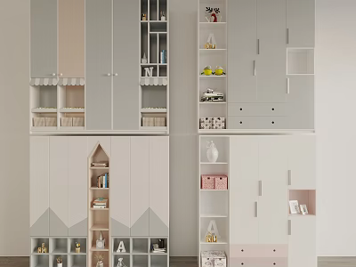 Modern Storage Cabinets With Open And Closed Shelves In Pastel Tones For Home Organization 3d model