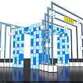 Modern Exhibition Entrance With Blue Square Panels Neon Lights And Yellow LOGO
