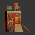 Red Small Tower Like Building With Yellow Ladder Slide Green Cloth And Orange Water Tank