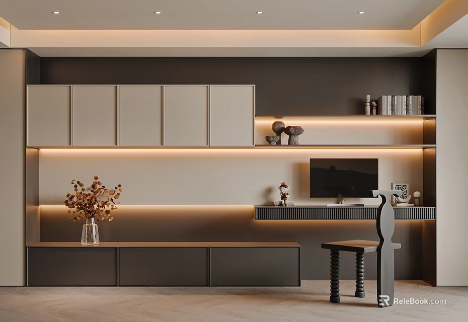 Modern Study Room Interior With Cabinets Bookshelves Writing Desk Accent Chair And Soft Lighting 3d model 