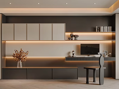 Modern Study Room Interior With Cabinets Bookshelves Writing Desk Accent Chair And Soft Lighting 3d model