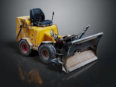 Small Yellow Snowplow Vehicle With Black Seat Worn Tires And Plow Blade 3d model