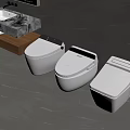 Three Smart White Toilets in Modern Bathroom with Marble Vanity Countertop