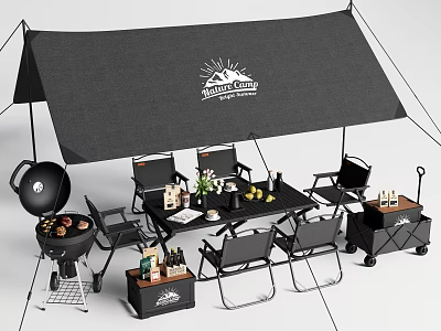 Stylish Outdoor Dining Set With Canopy Barbecue Grill And Decorative Items For Patio 3d model