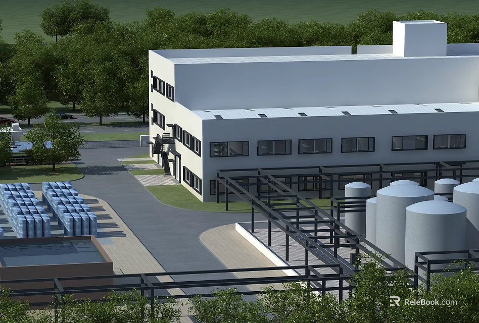 Industrial Factory Building With White Exterior Multi Storey Windows Green Trees Storage Tanks Pipeline Structures 3d model 