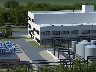 Industrial Factory Building With White Exterior Multi Storey Windows Green Trees Storage Tanks Pipeline Structures 3d model