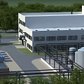 Industrial Factory Building With White Exterior Multi Storey Windows Green Trees Storage Tanks Pipeline Structures