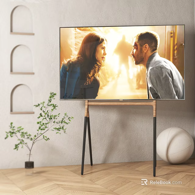 Modern Television On Wooden Metal Stand With Plant And Arched Wall Decor 3d model 