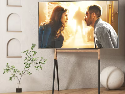 Modern Television On Wooden Metal Stand With Plant And Arched Wall Decor 3d model