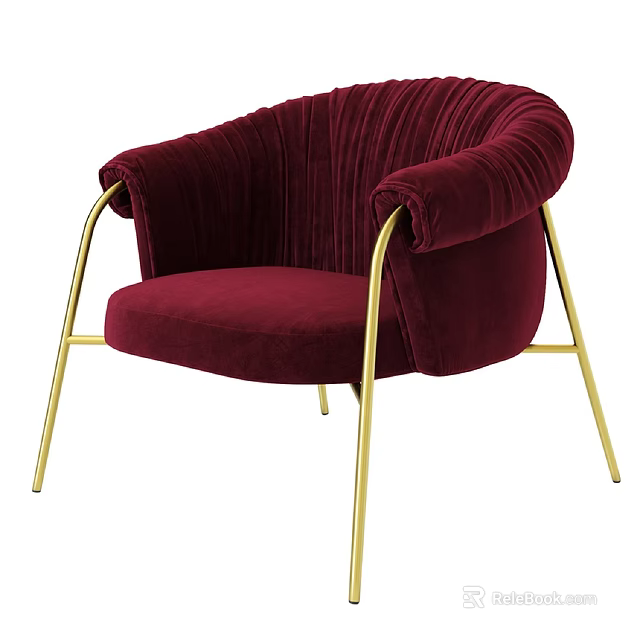 Burgundy Velvet Leisure Chair With Curved Armrests And Golden Metal Legs 3d model 