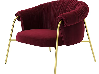Burgundy Velvet Leisure Chair With Curved Armrests And Golden Metal Legs 3d model