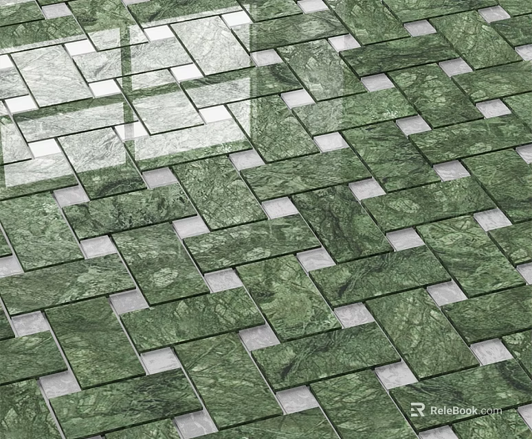 Green Mosaic Floor Tiles With Polished Marble Surface And Geometric Pattern 3d model 